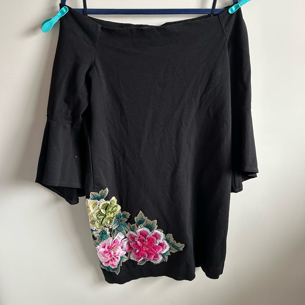 Karen Kane Black Midi Dress with Floral Applique